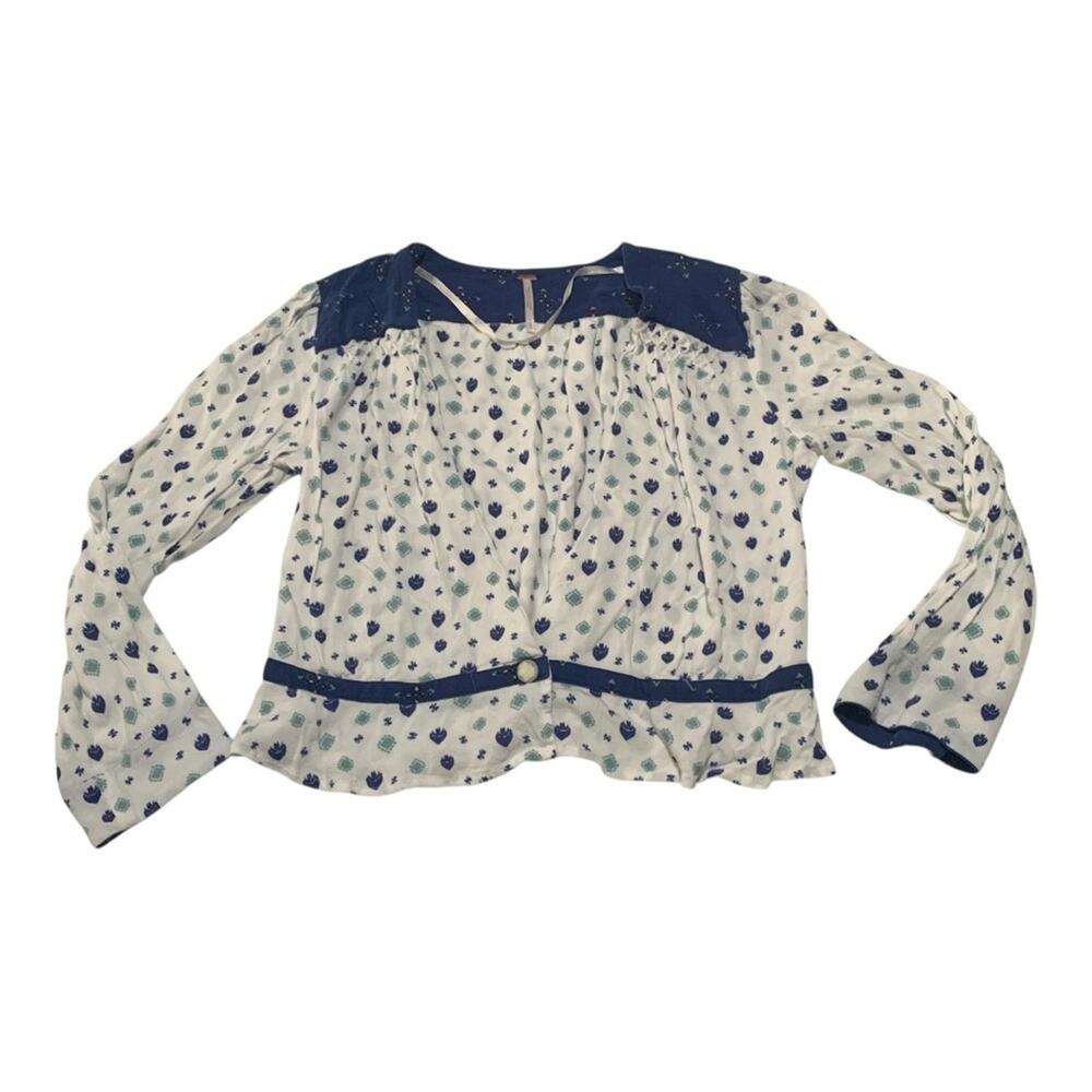 Free people size small long sleeve top mixed media g Navy White Patterned Blouse